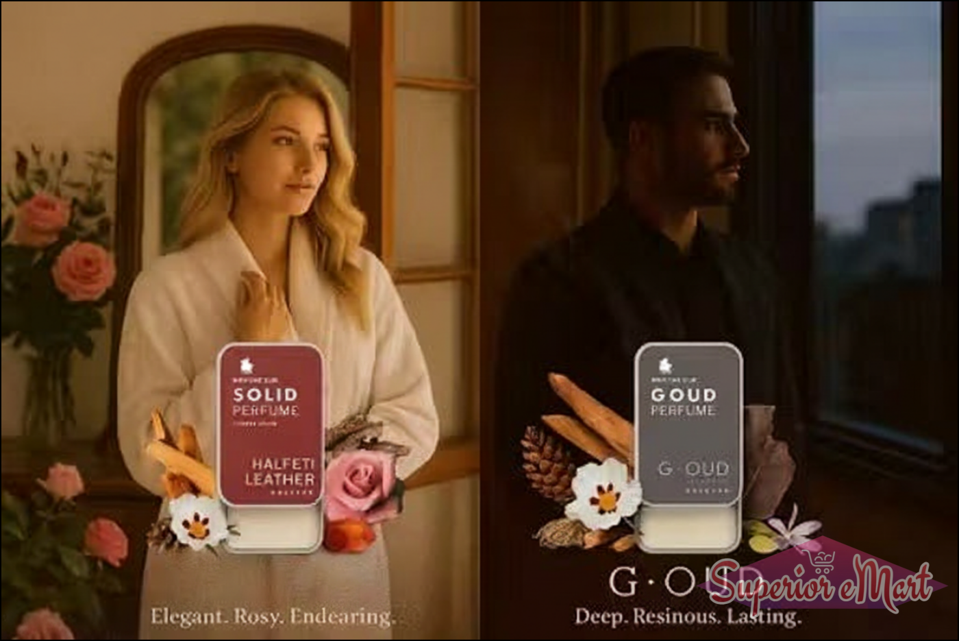 Halfeti Leather (red) and G-OUD (grey) solid perfume tins with botanicals, shown with a woman and man.