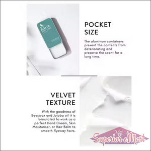 Teal SOIREE solid perfume in a pocket-size aluminum tin featuring a white, velvet texture for skin and hair.