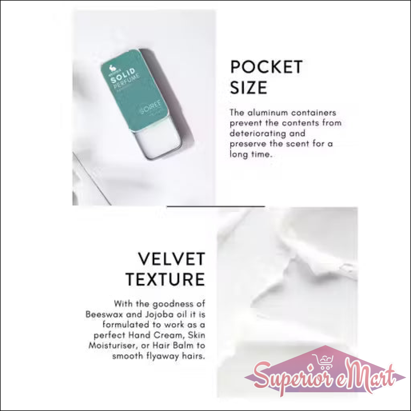 Teal SOIREE solid perfume in a pocket-size aluminum tin featuring a white, velvet texture for skin and hair.
