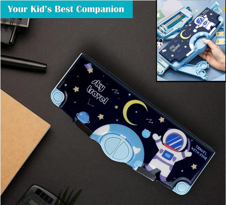 Space theme pencil box featuring an astronaut and planets, perfect for young space enthusiasts