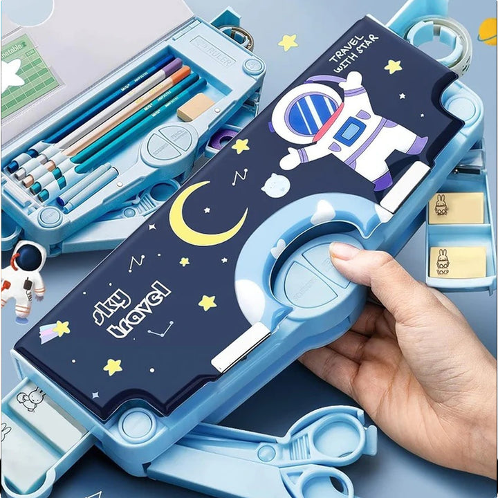Space theme pencil box featuring an astronaut design and multiple compartments for stationery
