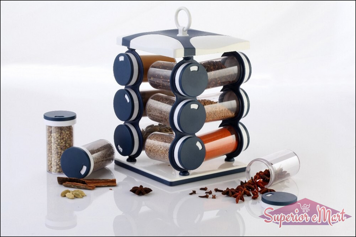 12-piece spice jar set featuring a rotating design with clear containers for easy access to spices