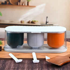 Durable 3 grid spice box with spoon for organized kitchen storage and easy seasoning access