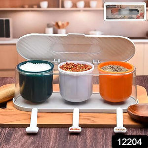 3 grid spice box with spoon featuring three containers for organized spice storage in the kitchen