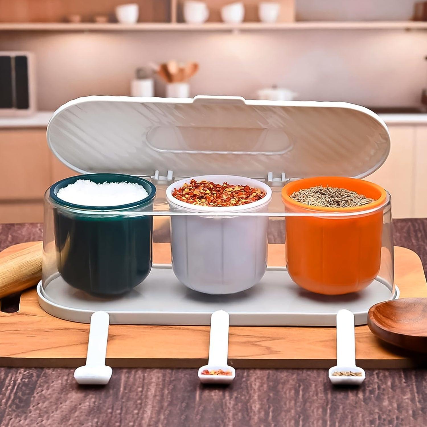3 grid spice box with spoon featuring three containers for organized spice storage in the kitchen