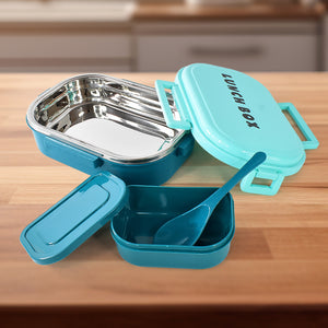 Superior eMart 3 in 1 lunch box with spoon featuring multiple compartments and a teal lid