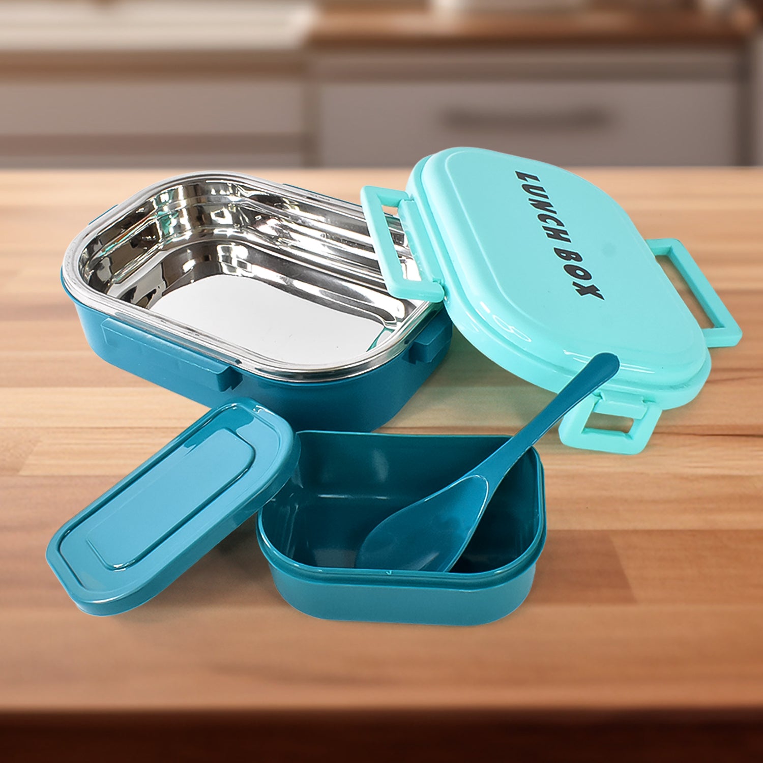 Superior eMart 3 in 1 lunch box with spoon featuring multiple compartments and a teal lid