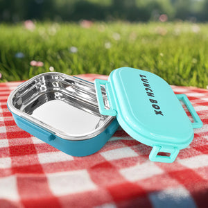 Superior eMart 3 in 1 lunch box with spoon in turquoise with stainless steel compartments on picnic blanket
