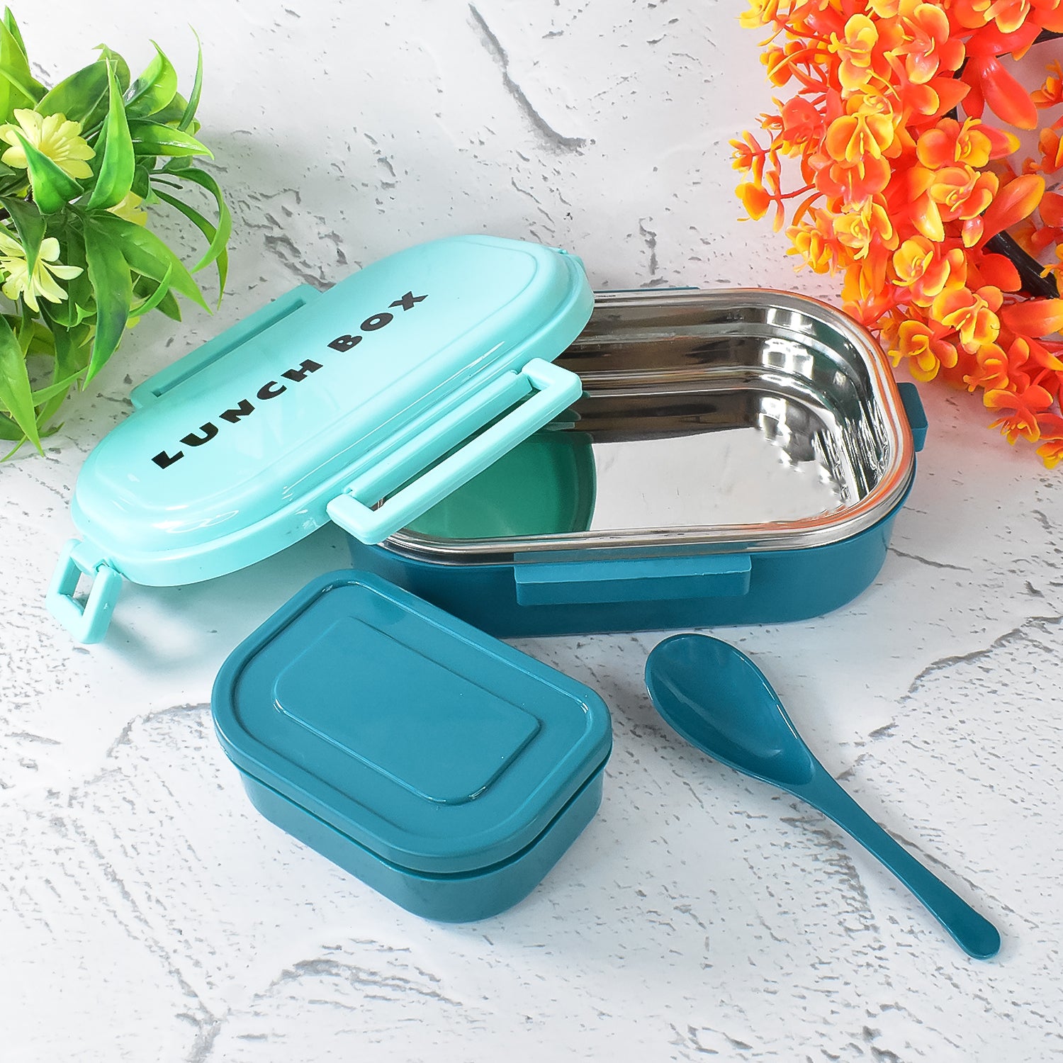 Superior eMart 3 in 1 lunch box with spoon featuring teal compartments and stainless steel interior