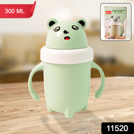 Cute green panda spill proof baby sipper cup with easy-grip handles for toddlers and kids