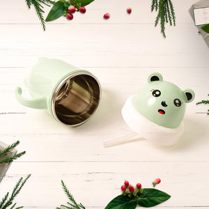 Superior eMart spill proof baby sipper cup in green with cute panda design featuring a straw