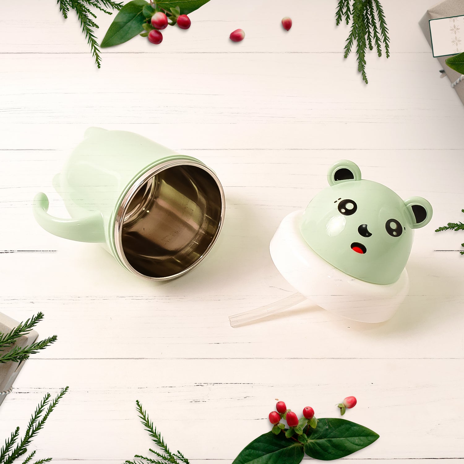 Superior eMart spill proof baby sipper cup in green with cute panda design featuring a straw