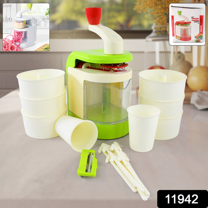 Superior eMart spiral potato twister maker with green base white cups and red handle for home kitchen use