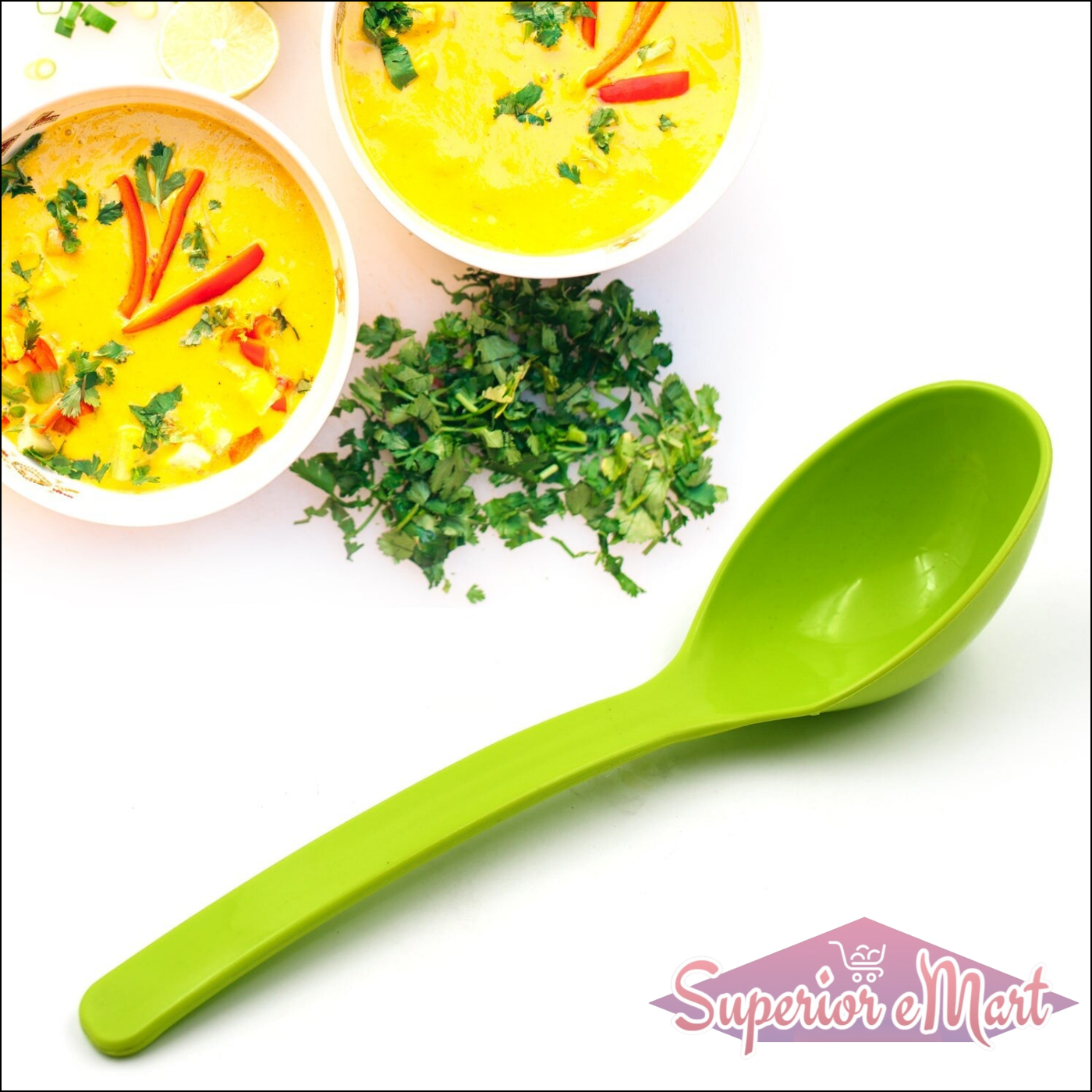Superior eMart multipurpose kitchen ladle set in green with bowls of soup garnished with herbs