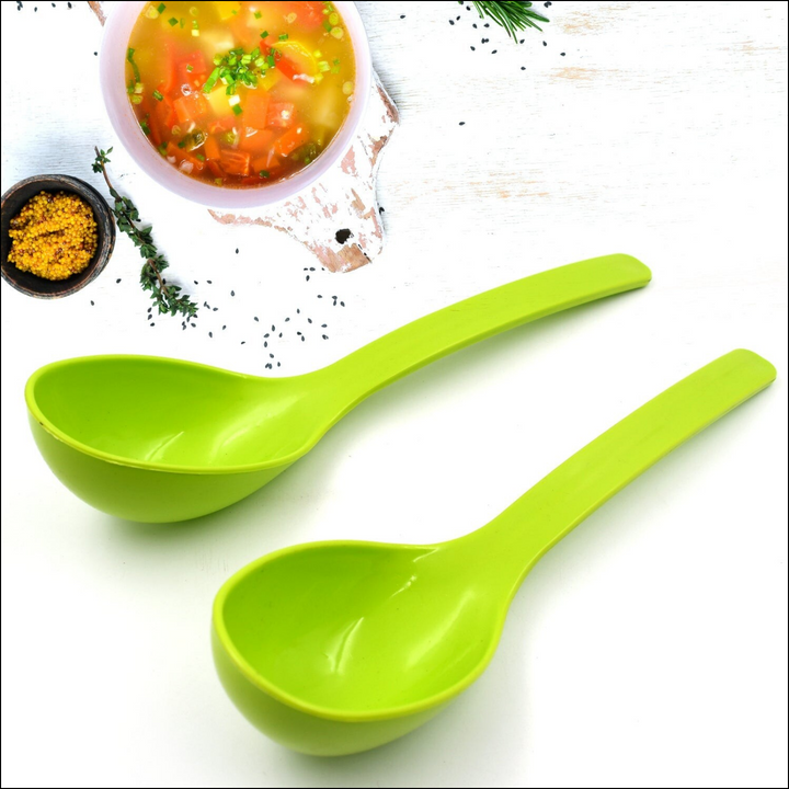 Vibrant green multipurpose kitchen ladle set for serving soups and salads with long handles