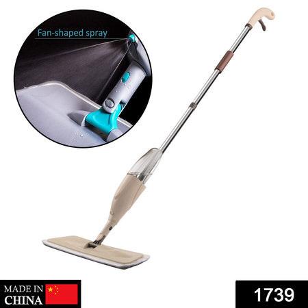 Slim spray mop with washable pad and fan-shaped spray feature for efficient cleaning