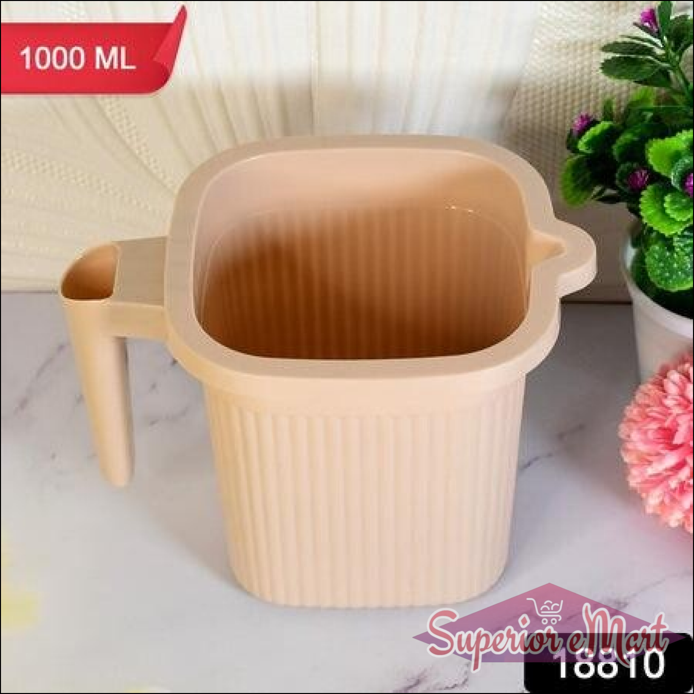 BPA free bath mug in beige with ribbed design and handle for easy gripping, perfect for daily use