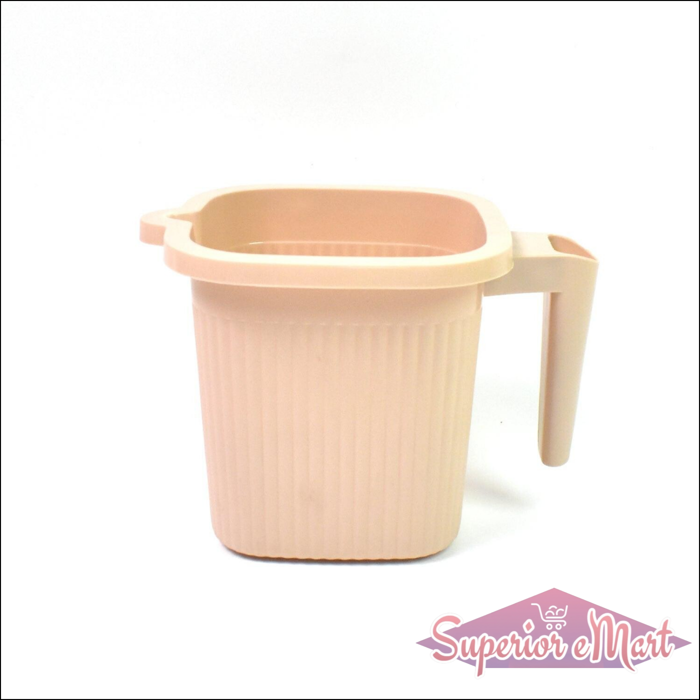 BPA free bath mug in soft pink color with a sturdy handle for easy use in the bathroom