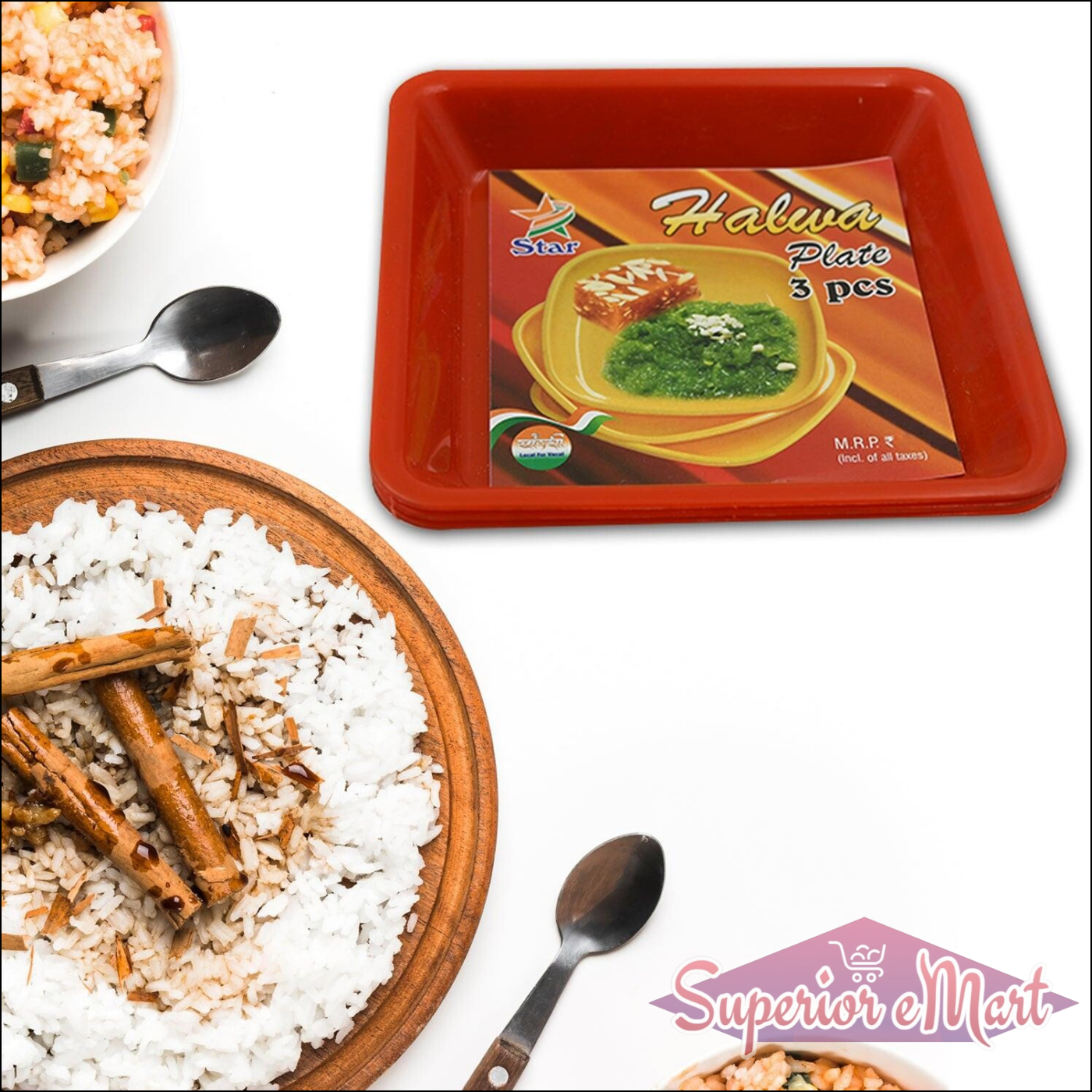 Colorful square dinner plate set with three pieces ideal for serving meals and desserts