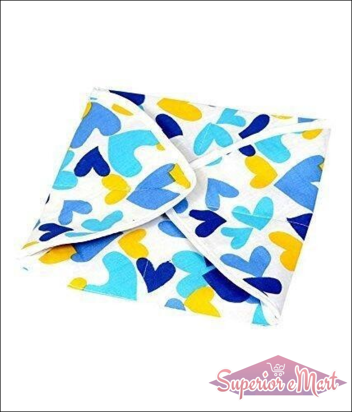 Colorful square rotichapati cover featuring blue and yellow heart patterns for kitchen use