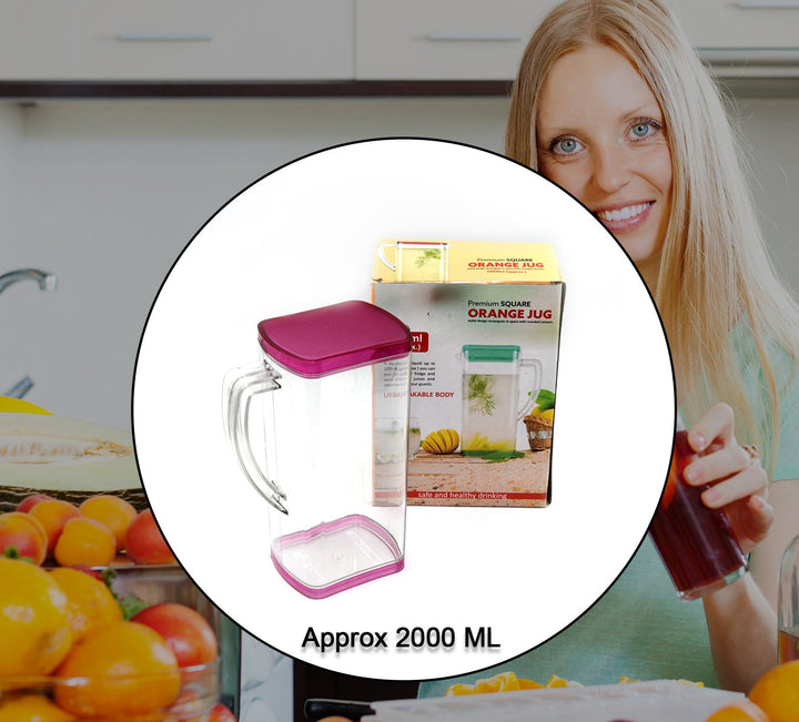 2000ml square water jug with a purple lid, perfect for kitchen use and serving drinks