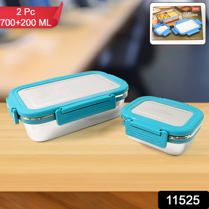 Superior eMart 2 piece lunch box for office with blue lids and stainless steel containers on wooden table