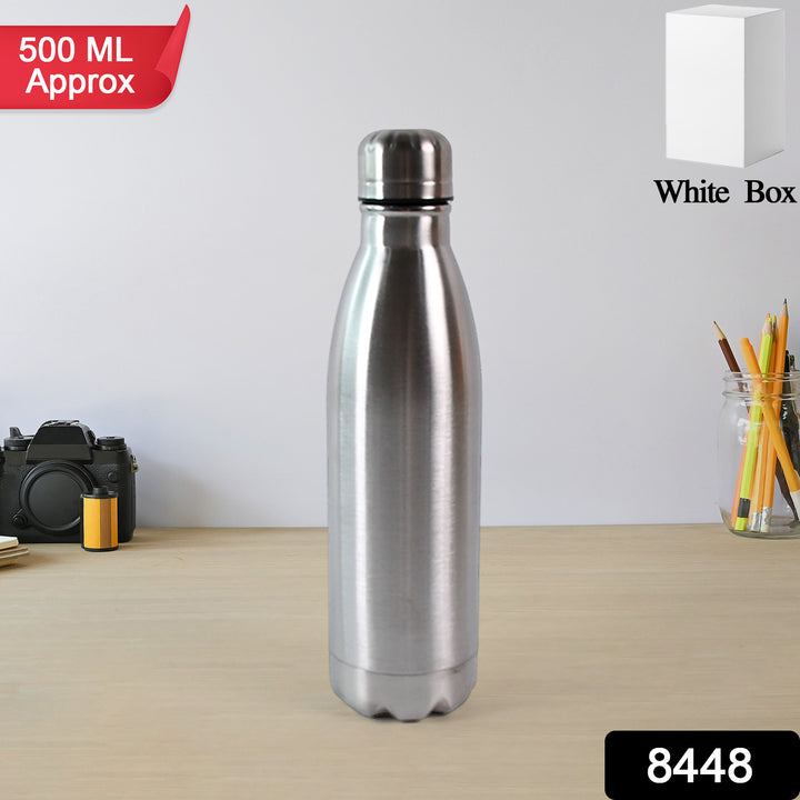 500 ml metal water bottle in stainless steel finish by Superior eMart on wooden table with camera and pencils