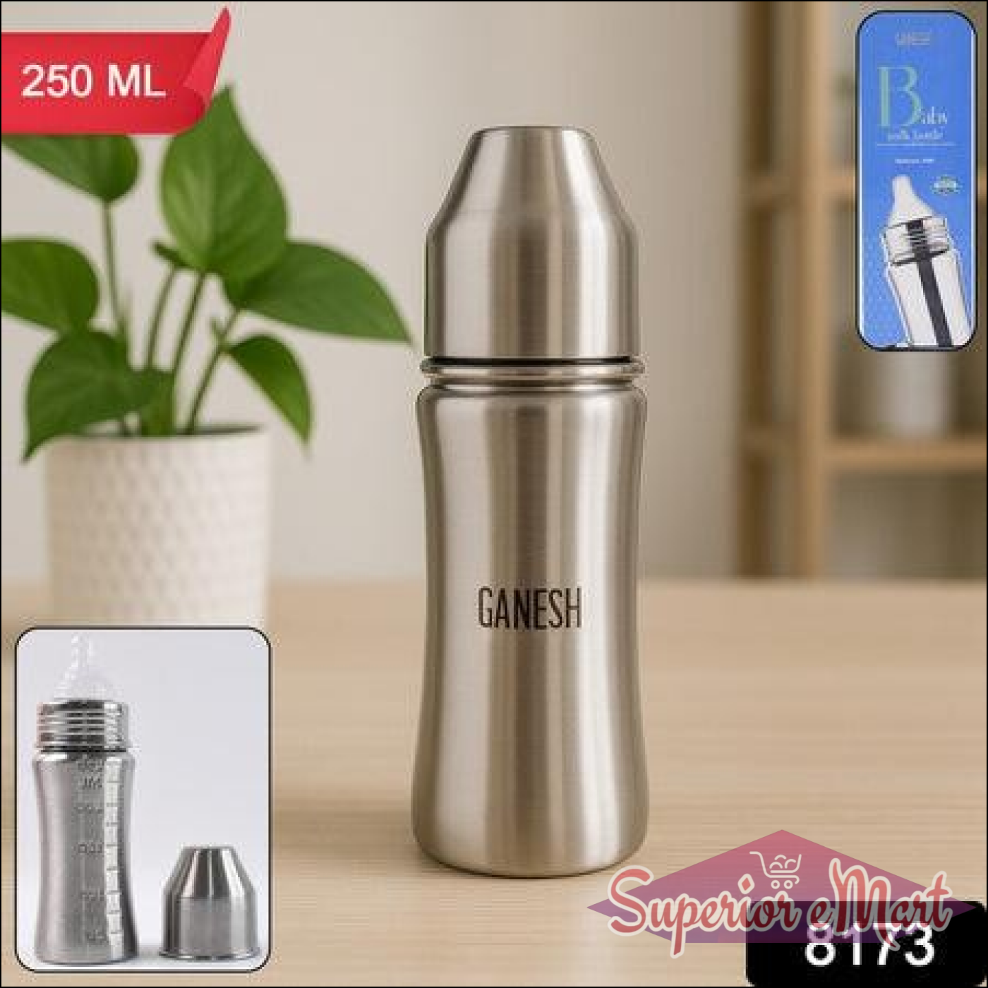 Superior eMart stainless steel baby milk bottle in 250ml size, designed for safe and durable feeding