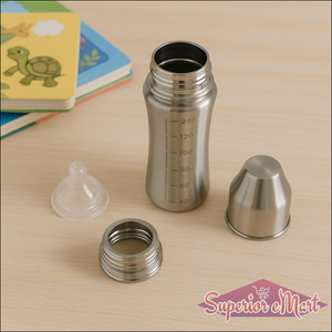 Superior eMart stainless steel baby milk bottle with measuring scale and lid for safe feeding