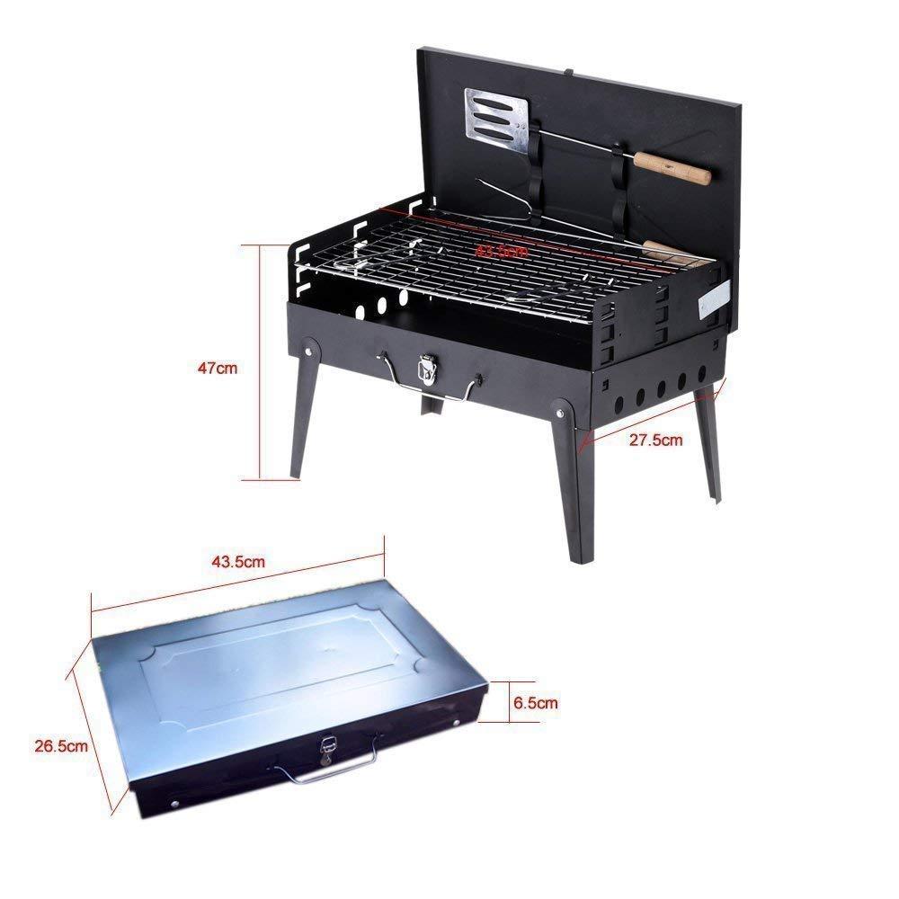Compact stainless steel barbecue grill with folding design and included grilling tools for outdoor cooking