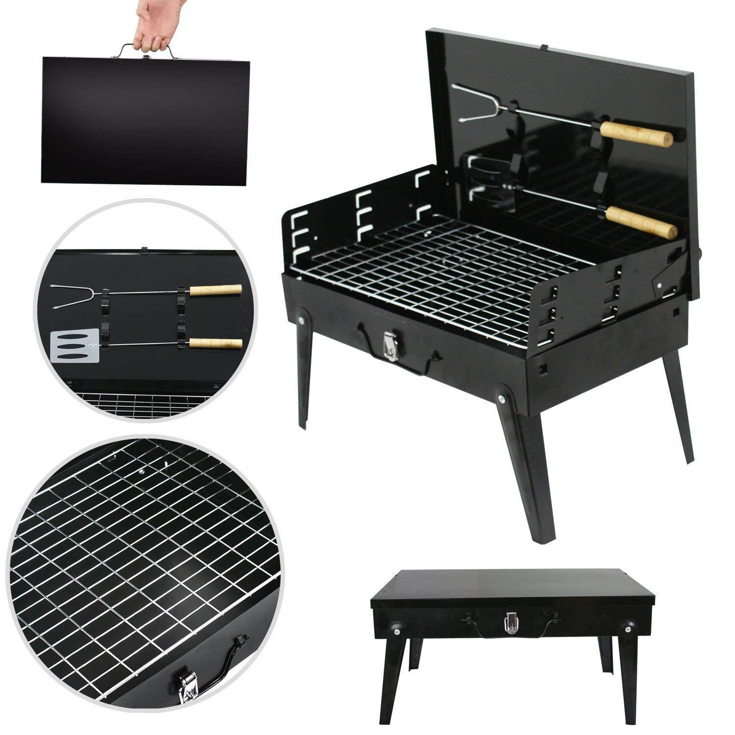 Portable stainless steel barbecue grill with foldable design and wooden handle utensils for easy grilling