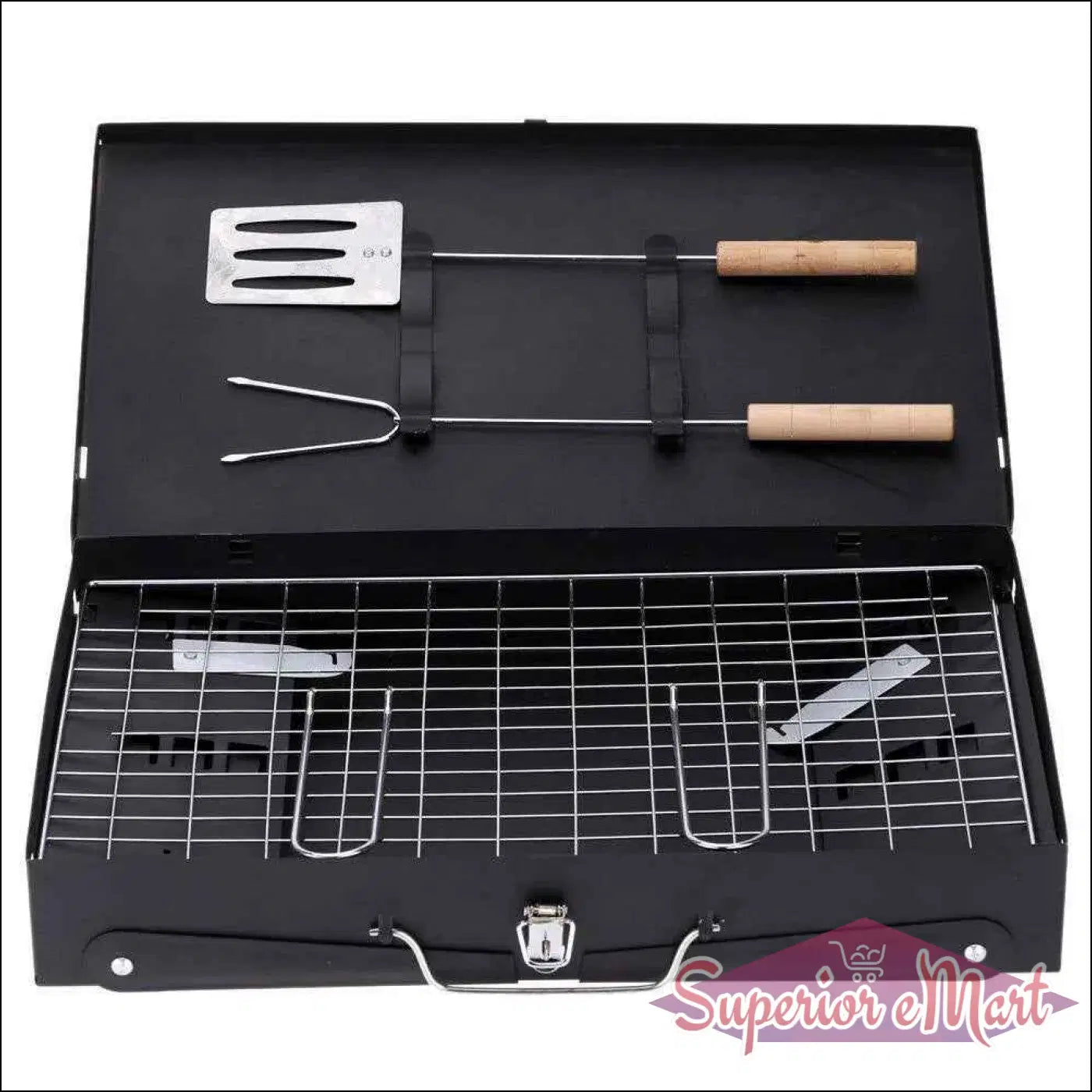 Superior eMart stainless steel barbecue grill with grilling utensils and spacious cooking area
