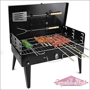 Superior eMart stainless steel barbecue grill featuring adjustable grates and skewers for outdoor cooking