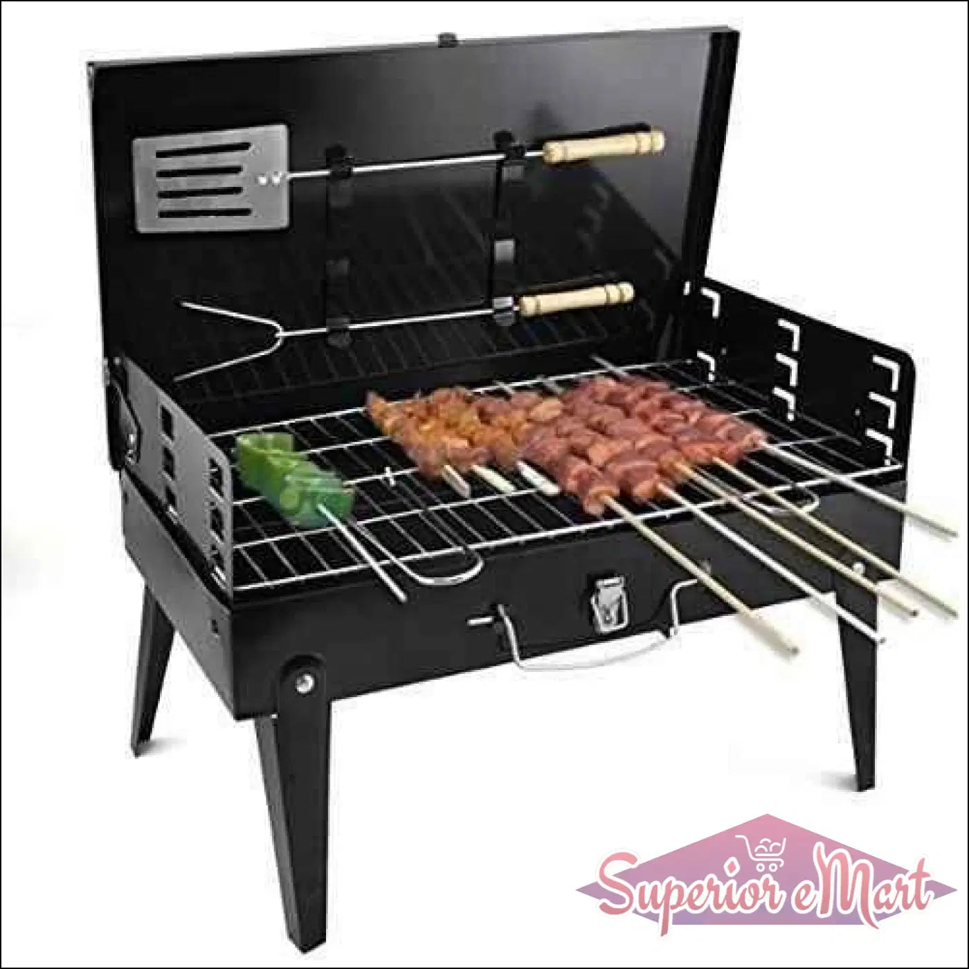 Superior eMart stainless steel barbecue grill featuring adjustable grates and skewers for outdoor cooking