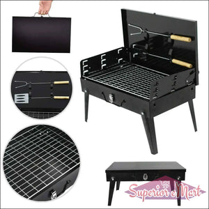 Portable stainless steel barbecue grill with grill tools and folding design for easy transport