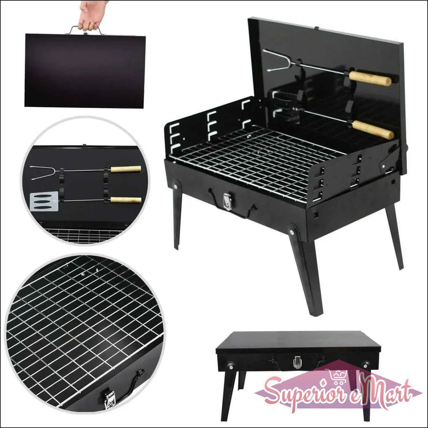 Portable stainless steel barbecue grill with grill tools and folding design for easy transport
