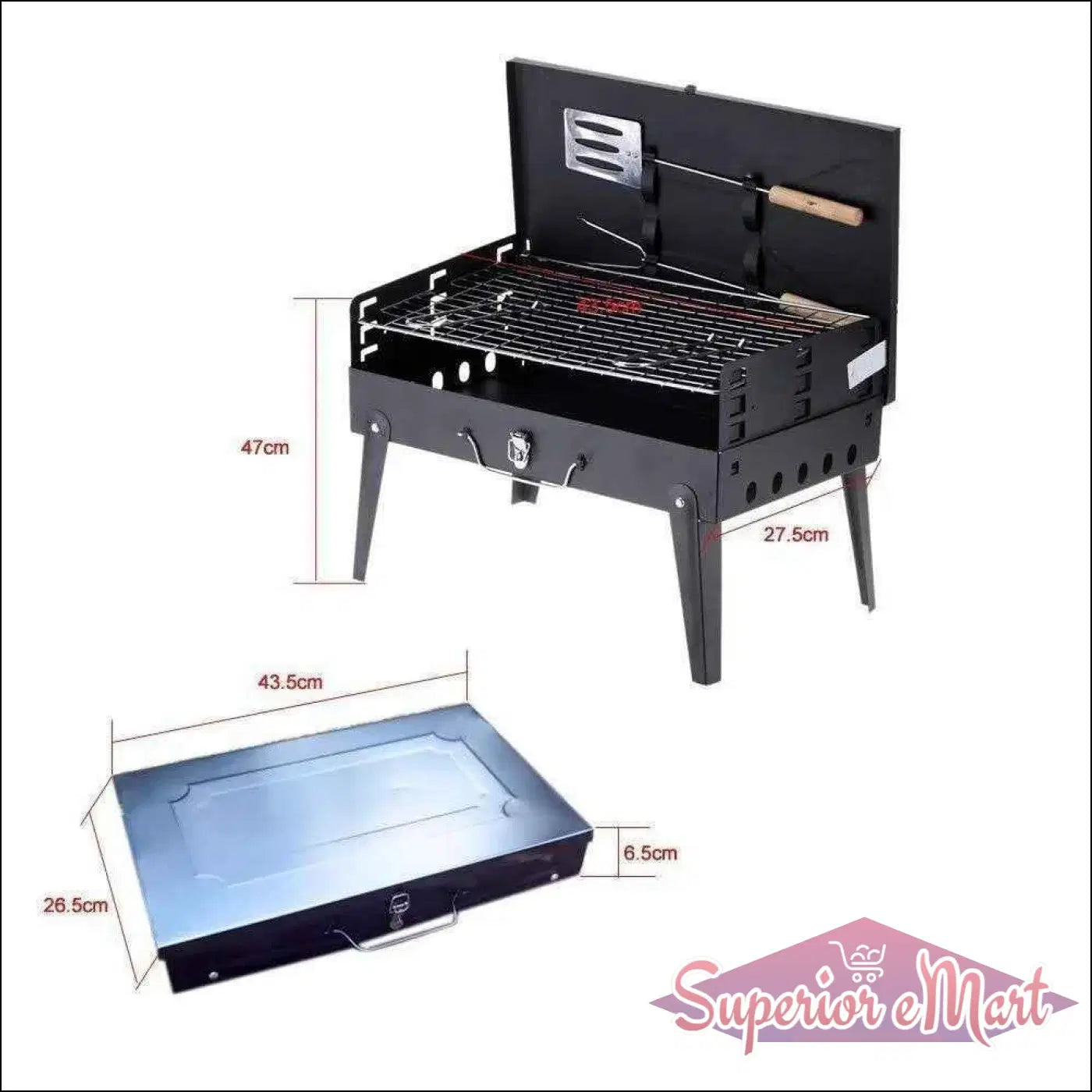 Portable stainless steel barbecue grill with adjustable grates and included utensils for outdoor cooking