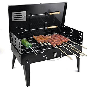 Portable stainless steel barbecue grill with adjustable grates and wooden handles for outdoor cooking