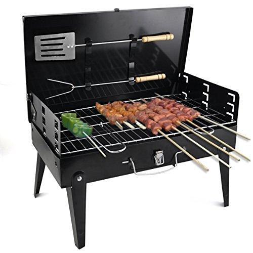 Portable stainless steel barbecue grill with adjustable grates and wooden handles for outdoor cooking