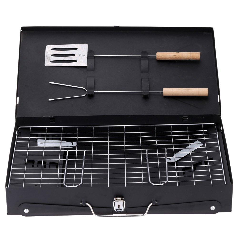Compact stainless steel barbecue grill with utensils and grilling rack for outdoor cooking