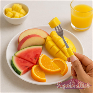 Superior eMart stainless steel big fork set displayed with fresh fruit on a white plate
