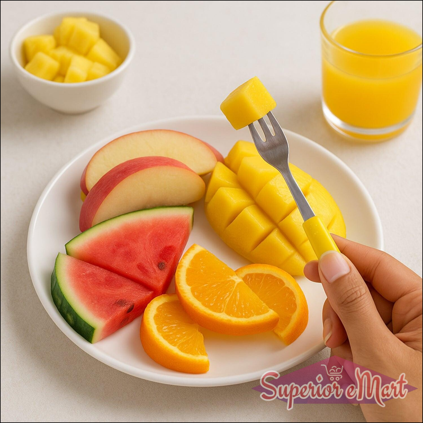 Superior eMart stainless steel big fork set displayed with fresh fruit on a white plate