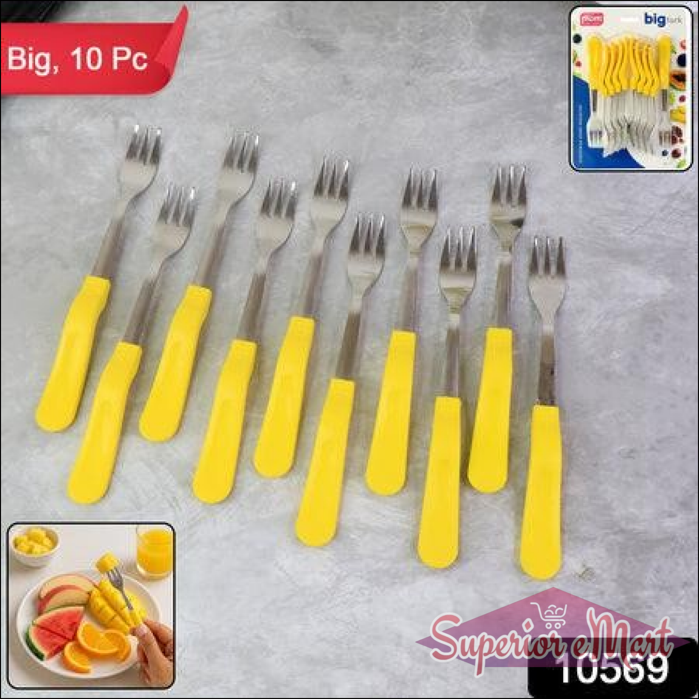 Stainless steel big fork set with yellow handles, perfect for serving appetizers and desserts