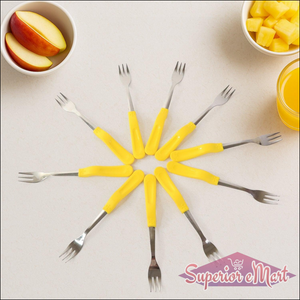 Superior eMart stainless steel big fork set with yellow handles, perfect for serving fruit and appetizers