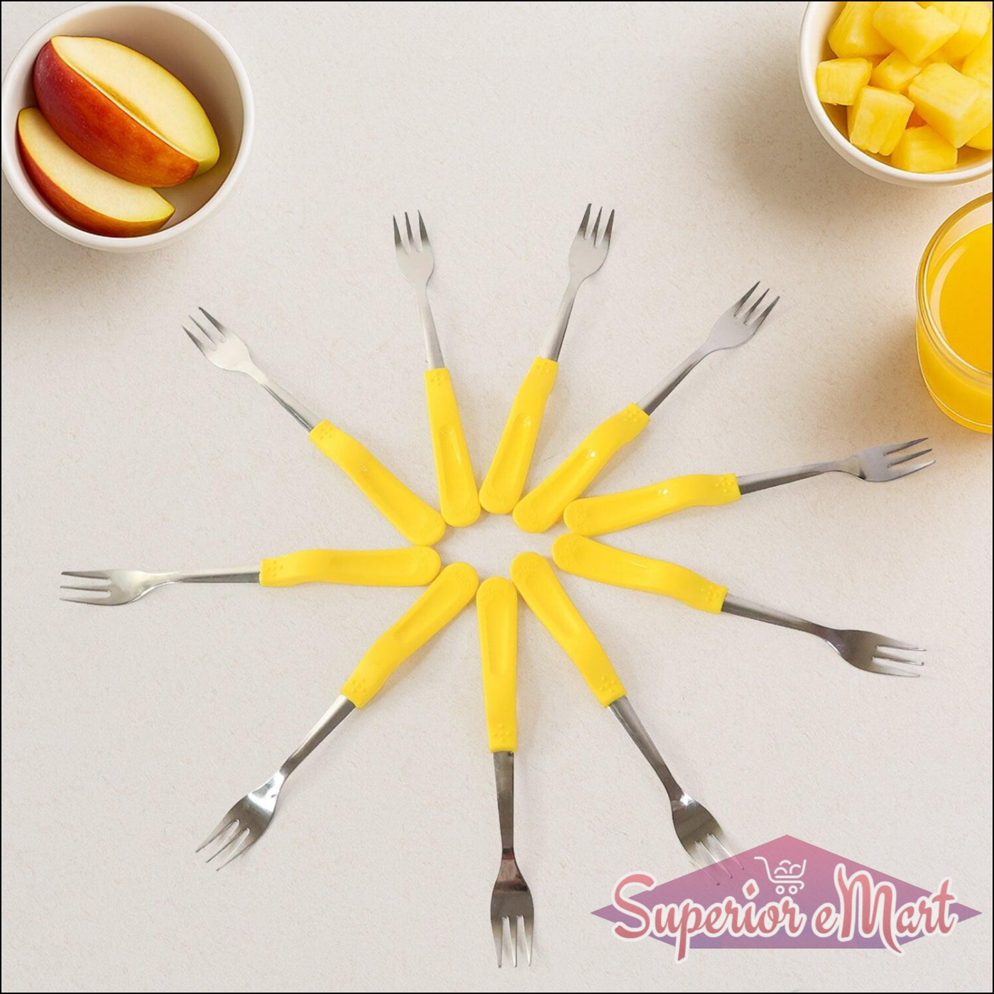Superior eMart stainless steel big fork set with yellow handles, perfect for serving fruit and appetizers