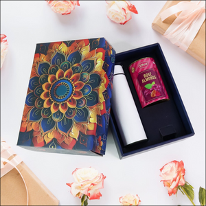 Stainless steel bottle and rose almonds gift set in a decorative box with floral design