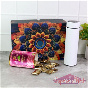 Stainless steel bottle and rose almonds gift set displayed with decorative packaging and almonds spilling out