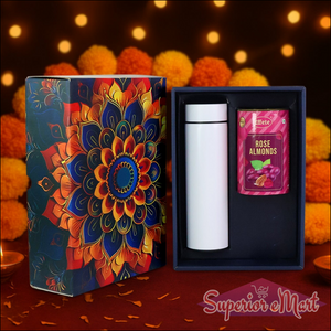 Stainless steel bottle and rose almonds gift set in decorative packaging for special occasions
