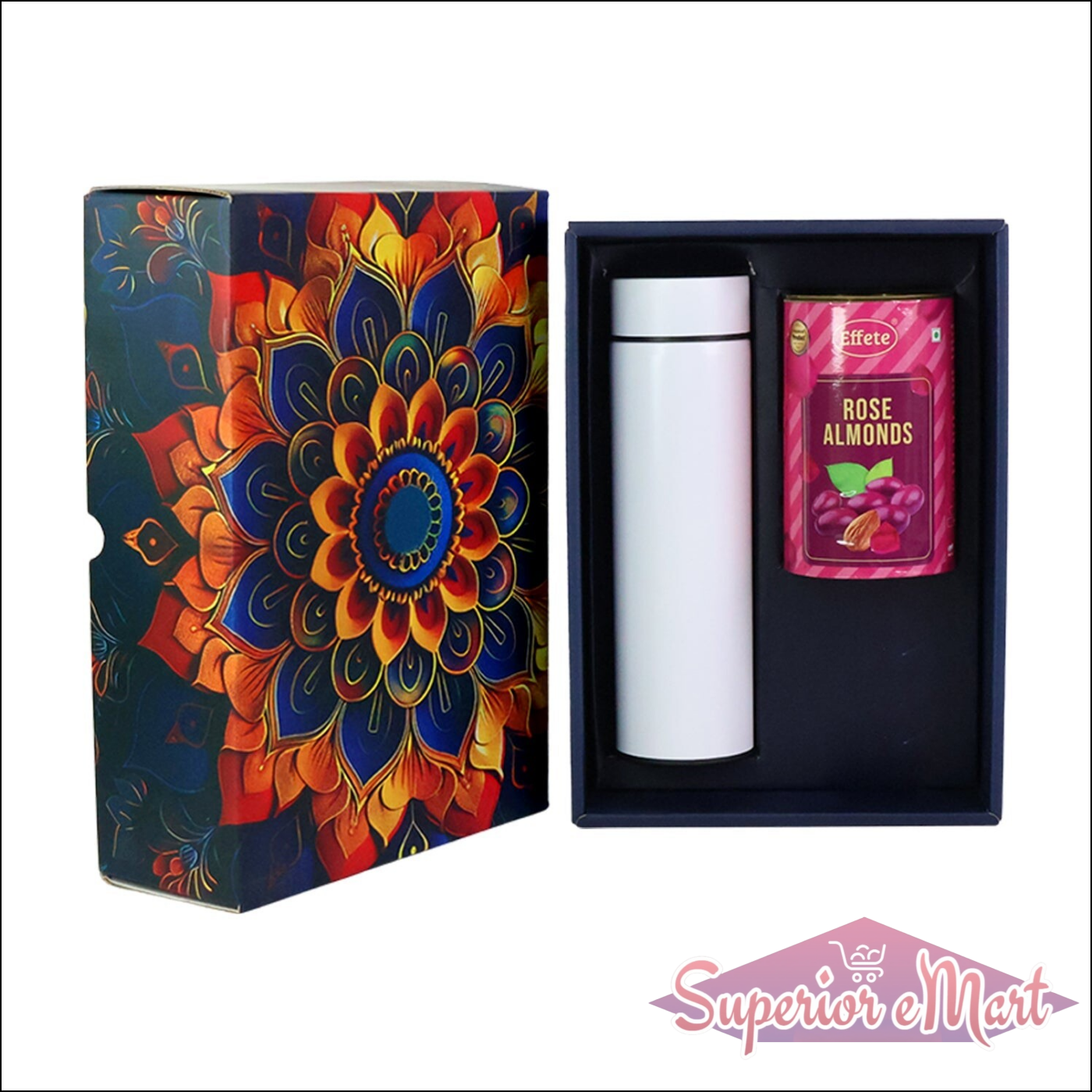 Superior eMart stainless steel bottle and rose almonds gift set in a colorful box