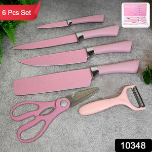Stainless steel ceramic knife set with pink handles, including six kitchen tools for cutting and peeling